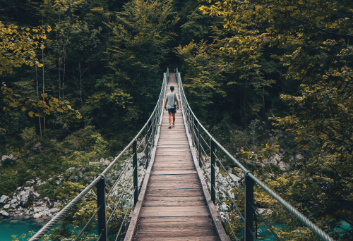 Person crossing bridge in forest